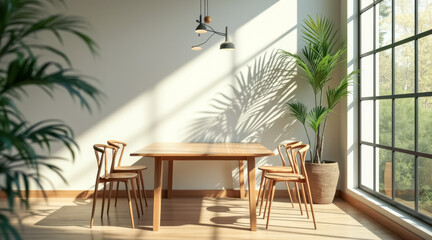 sunlit room with wooden table chairs
