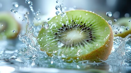 Fresh kiwi fruit slice splashing in water.