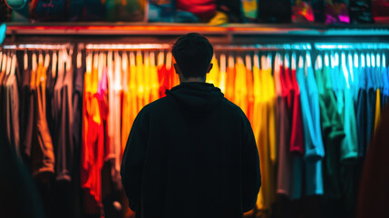 Fototapeta premium Silhouette of person browsing colorful clothing in store