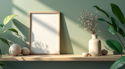 minimalist arrangement objects on a shelf against a sage green wall.