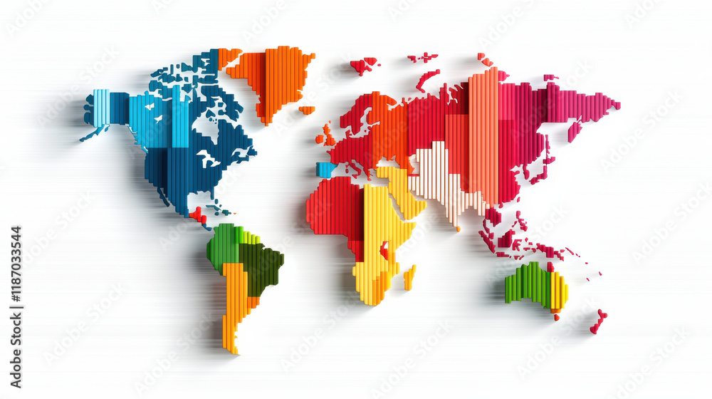 Aufkleber colorful digital world map with vertical stripes representing different regions, showcasing global d