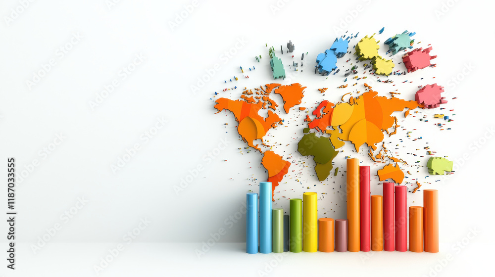 Leinwandbilder colorful world map with 3d bar graphs representing economic data analysis. vibrant colors and dynami