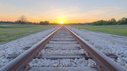 Fototapeta premium Sunset View Along a Rural Railroad Track Leading Towards a Golden Horizon