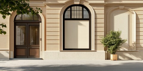 Fototapeta premium This image showcases a stunning architectural facade featuring a framed window, complemented by a small potted plant, creating a serene and inviting atmosphere.