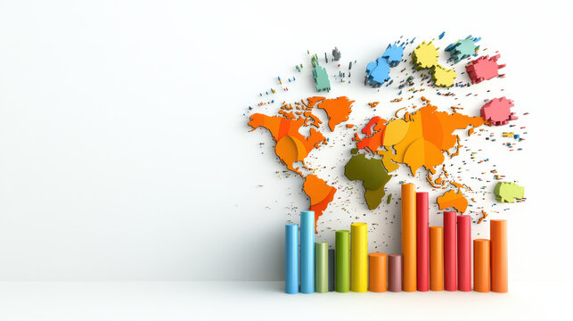 colorful world map with 3D bar graphs representing economic data analysis. vibrant colors and dynamic shapes create engaging visual for economic insights