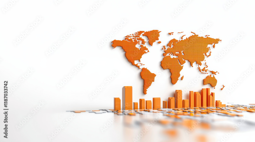 Aufkleber digital world map with economy analysis, featuring orange bars representing data trends and global c