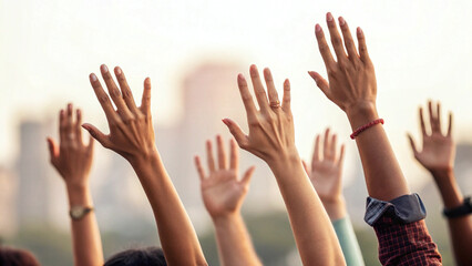 Hands raised in celebration or unity against blurred city background, conveying sense of joy and togetherness