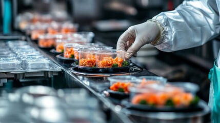 Food production line worker packages prepared salmon