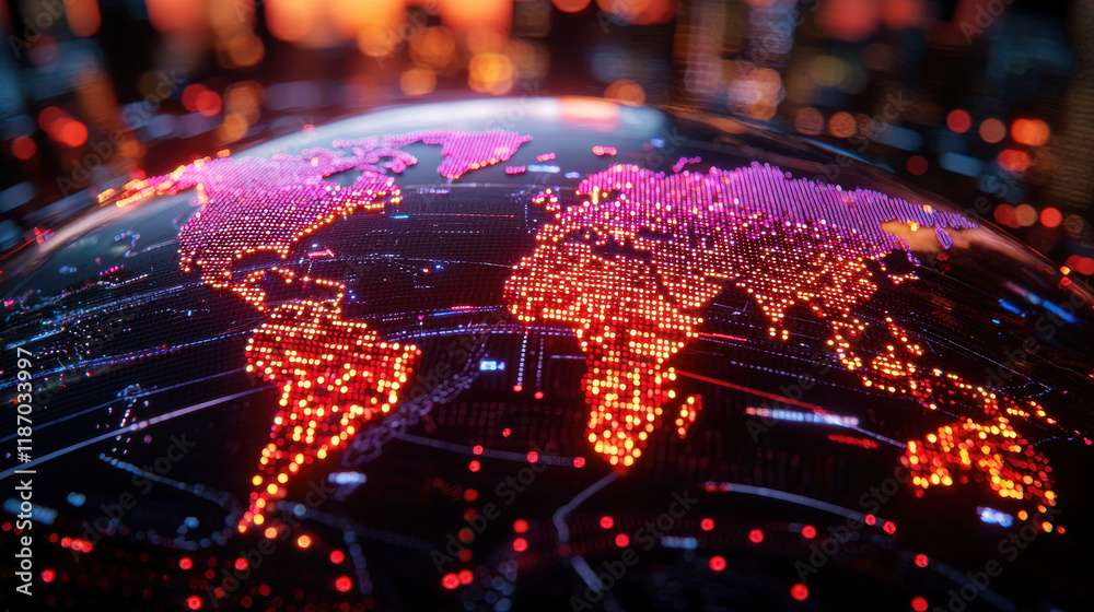 Leinwandbilder digital world map with glowing regions representing global connectivity and data flow. vibrant color