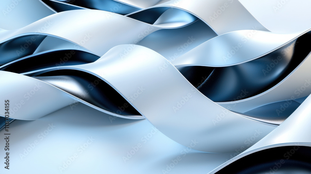 Poster dynamic composition of flowing ribbons in blue and white tones, creating sense of movement and depth. smooth textures and contrasting colors enhance visual appeal
