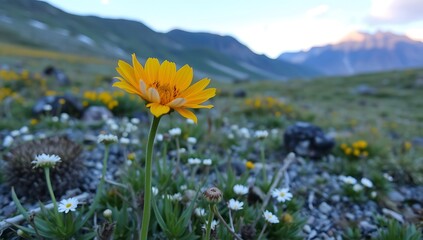 Single yellow wildflower in mountain meadow.