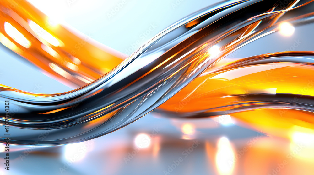 Fototapete dynamic composition of abstract forms featuring shiny metallic and orange elements, creating sense of movement and energy. interplay of light enhances visual appeal