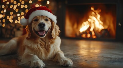 Festive Golden Retriever in Santa Hat Relaxing by Cozy Fireplace Surrounded by Christmas Lights and Holiday Spirit in a Warm Indoor Setting