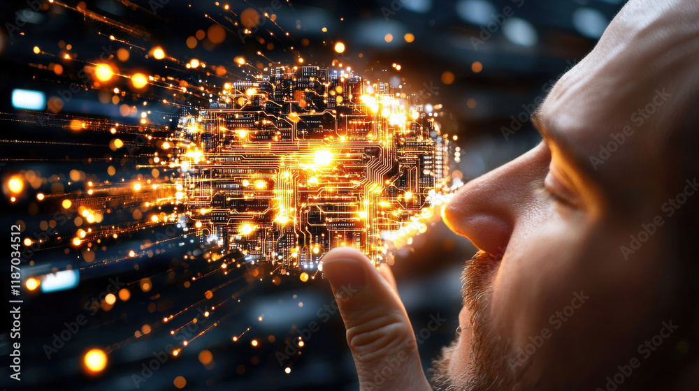 Aufkleber intelligent man contemplating glowing circuit brain, symbolizing technology and innovation. image ca