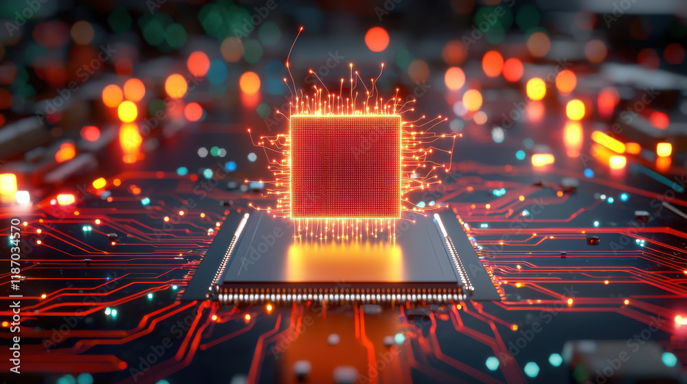 Aufkleber glowing microchip surrounded by vibrant circuitry, symbolizing advanced technology and intelligence. intricate design showcases futuristic aesthetic