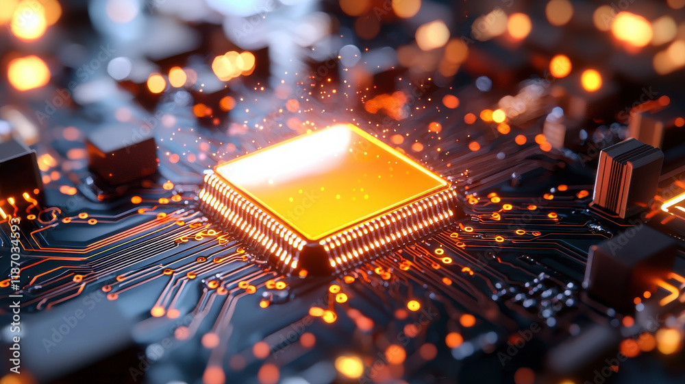 Poster glowing microchip surrounded by intricate circuitry, symbolizing intelligence and technology. vibrant lights and details create captivating visual experience