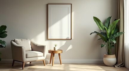 sunlit room shows a beige armchair a plant