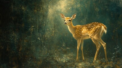 Fawn in forest, dappled sunlight.