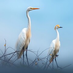 Fototapeta premium Two elegant white herons standing amidst branches against a soft blue sky.