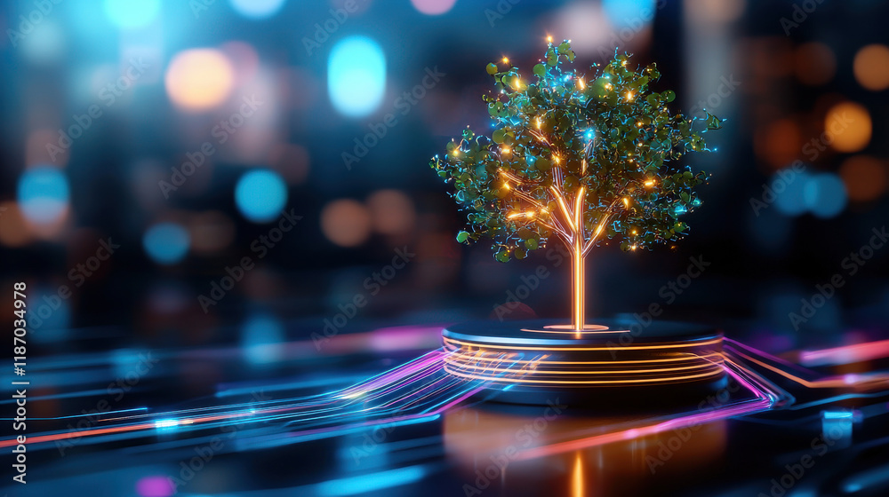 Poster dynamic concept of intelligence visualized by glowing tree, symbolizing growth and innovation in digital landscape. vibrant colors and lights create inspiring atmosphere