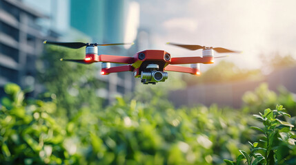 drone flying over lush greenery, capturing stunning aerial views of nature. This hybrid energy device showcases advanced technology in vibrant environment