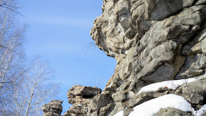 Seven Brothers and One Sister are remnants of rock at top of Semibratskaya Mountain in Middle Urals, located in Nevyansky district, Sverdlovsk region, Russia, near village Verkhneuvinsky