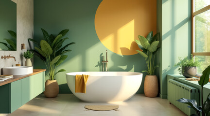 sunlit bathroom with freestanding oval tub lush greenery