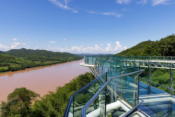 A beautiful bridge or glass skywalk over Mekong river, a tourist destination located between Thailand and Laos PDR at Chiang Khan, Loei Province