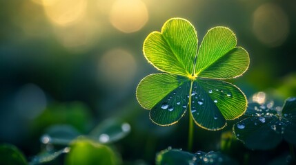 Naklejka premium A Single Shamrock Leaf Glistens In Morning Sunlight