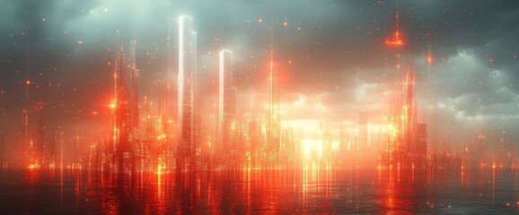 Obraz premium Futuristic city skyline at night, fiery reflections on water, glowing skyscrapers.