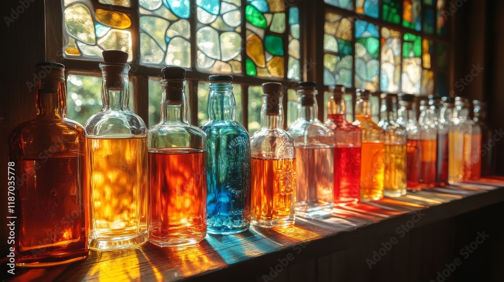 Fototapete glass bottles containing various colorful liquids are arranged neatly by a stained glass window, ill