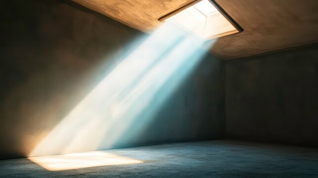Light from the sun shining through a small opening for ventilation in the ceiling for a copy space image