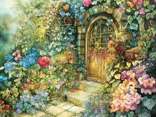 Enchanting garden entrance blooms cozy cottage watercolor art lush environment serene viewpoint nature concept