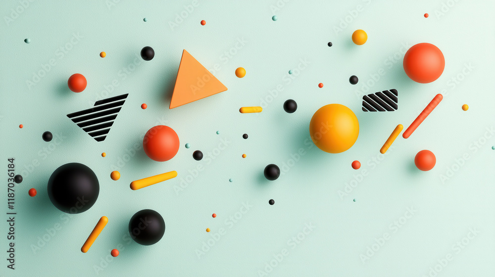Poster Dynamic geometric shapes in vibrant colors on mint background create engaging visual composition. arrangement includes spheres, triangles, and lines, evoking creativity and playfulness