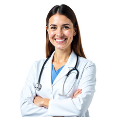 Smiling Female Doctor Portrait with Stethoscope, Transparent White Background