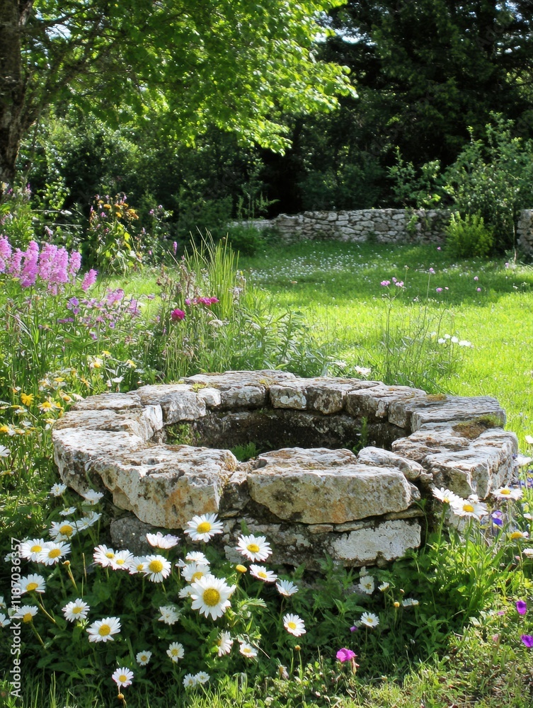 Aufkleber Old stone well surrounded by colorful wildflowers and lush greenery in a tranquil garden setting during daylight. Generative AI