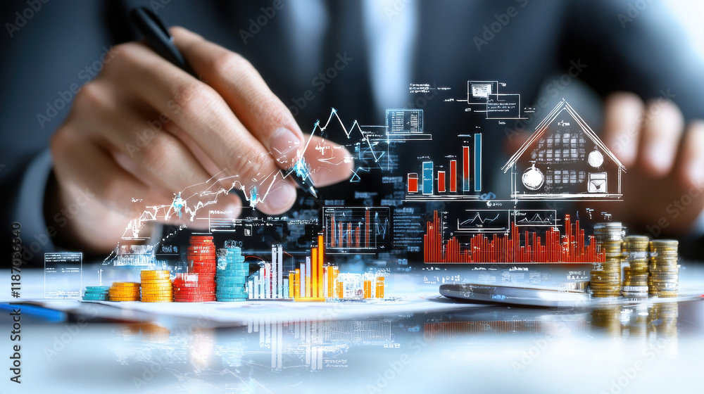 Aufkleber business professional analyzing financial data with charts and graphs, showcasing growth and investm