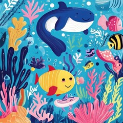 Naklejka premium Vibrant Ocean Life Colorful Fish and Whale Scene