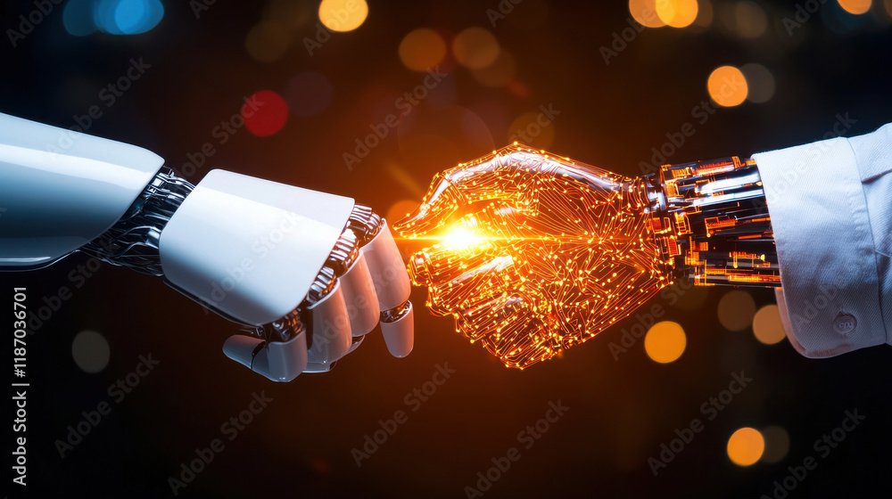 Poster dynamic image of artificial intelligence showcasing robotic hand reaching out to connect with human hand, symbolizing collaboration and innovation in technology