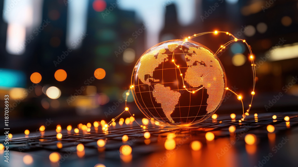 Fototapete dynamic image of global trade trends featuring glowing globe surrounded by lights, symbolizing connectivity and supply chain networks