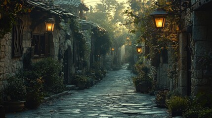 Cobblestone street at dawn in historic village with lit lanterns.