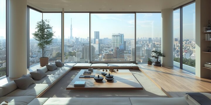 Modern living room with panoramic city view and minimalist decor.