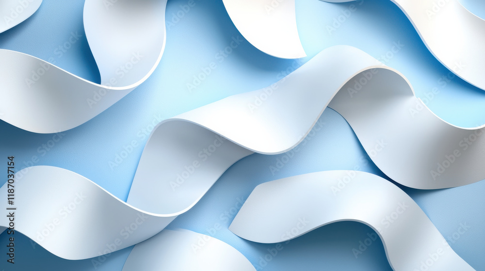 Aufkleber dynamic interplay of soft, flowing white ribbons on light blue background creates serene and modern 
