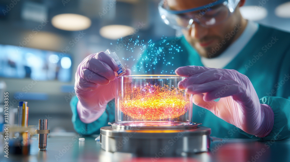 Aufkleber scientist in lab coat conducting tissue engineering experiment with glowing substances in petri dish