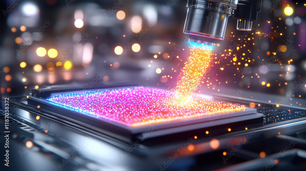 Leinwandbilder dynamic representation of tissue engineering with glowing particles, showcasing vibrant colors and i