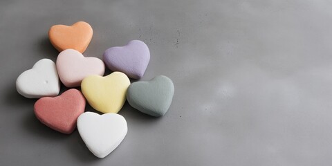An arrangement of pastel-colored heart-shaped chalk pieces on a smooth gray surface, perfect for illustrating themes of love, friendship, and creativity in various design projects.