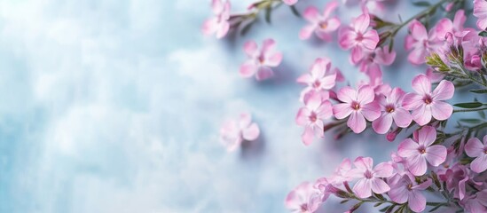 Obraz premium Pink phlox flowers on a soft blue background with blank space for text Floral minimalism in nature for use in design or marketing projects