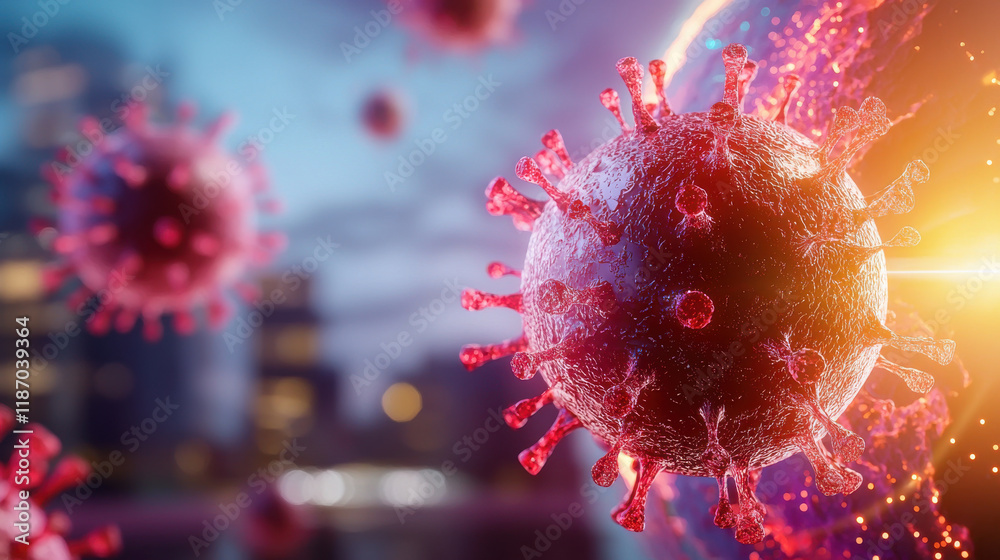 Aufkleber vibrant visualization of virus, showcasing its structure and spikes, representing global health chal