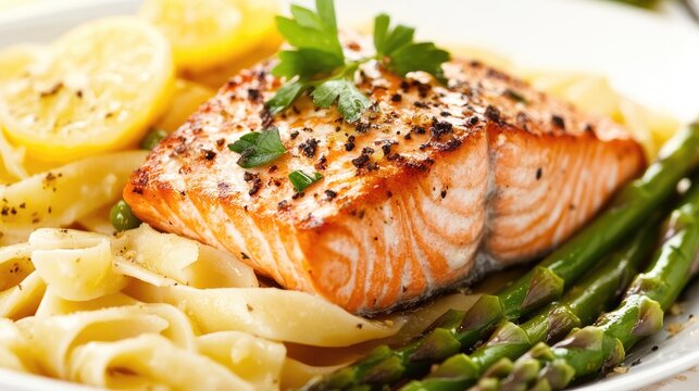 Salmon fillet served with Italian pasta and asparagus garnished with lemon slices and fresh herbs on a white plate
