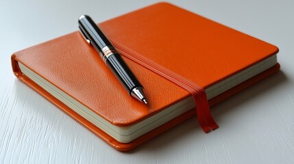 Orange notebook with black pen.